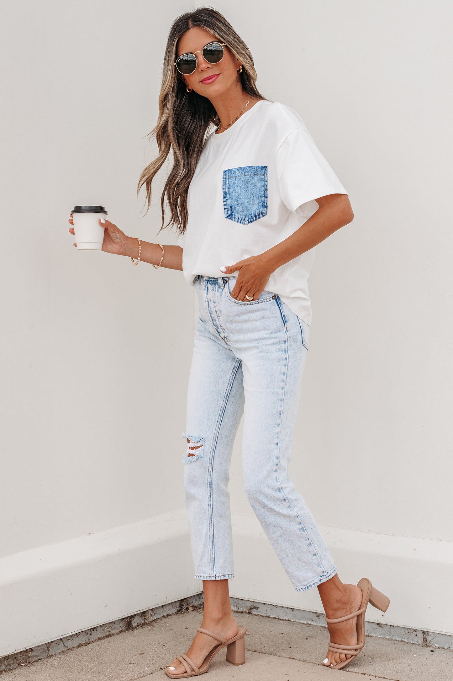 Sail Blue Color Block Chest Pocket Patched Casual Short Sleeve Top-Tops/Tops & Tees-[Adult]-[Female]-2022 Online Blue Zone Planet