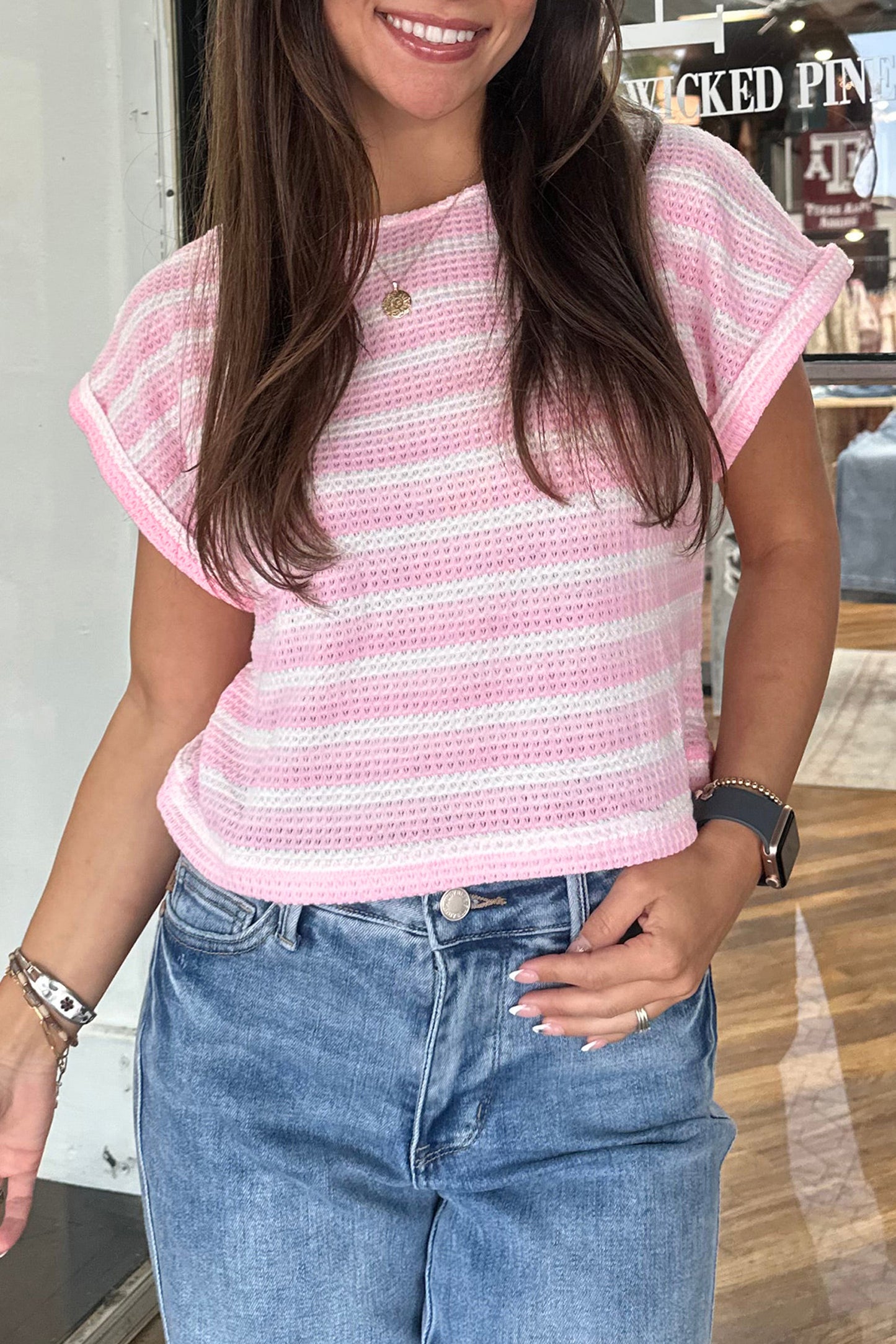 Pink Striped Print Waffle Knit T Shirt-Tops/Tops & Tees-[Adult]-[Female]-Pink-S-2022 Online Blue Zone Planet