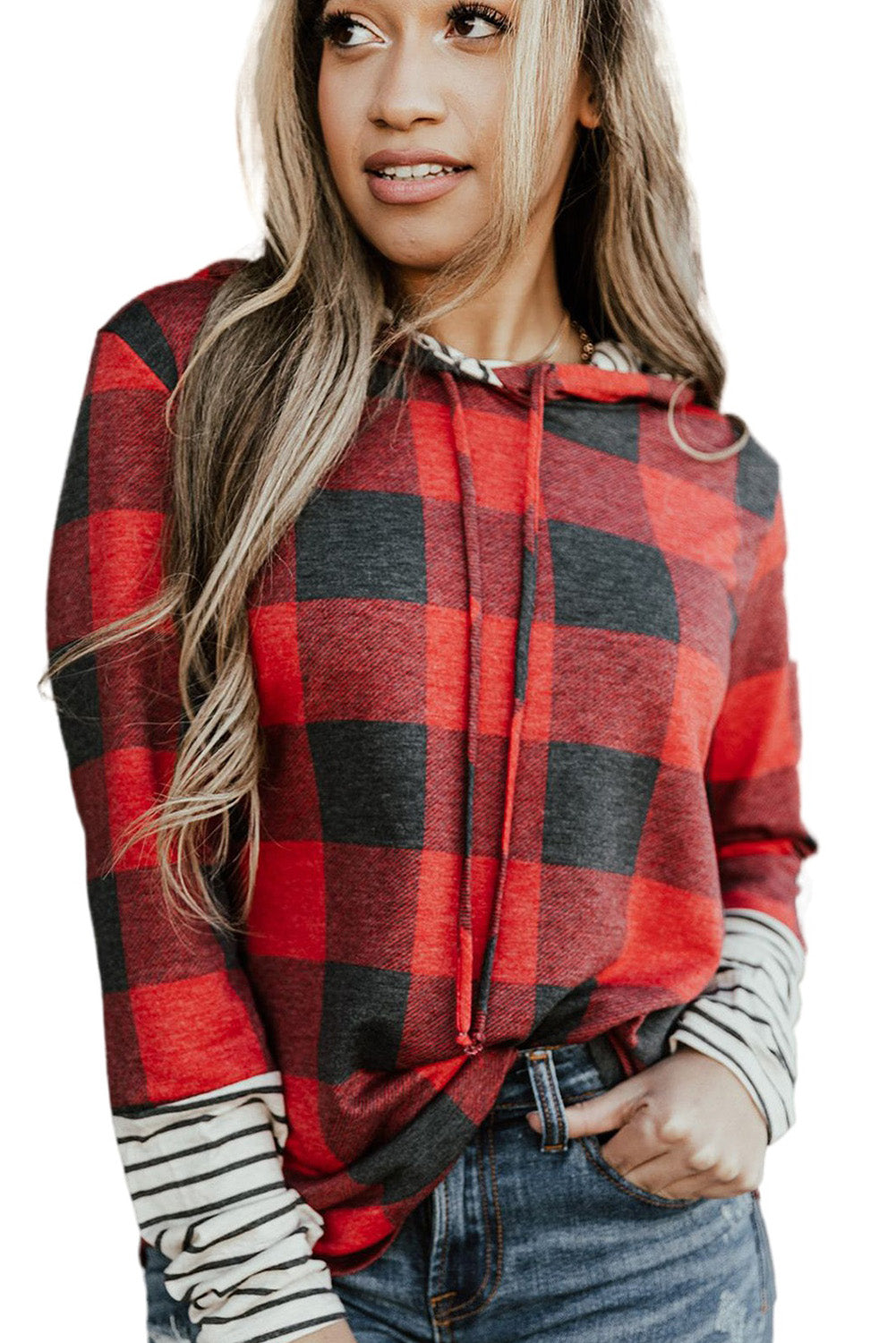 Fiery Red Christmas Plaid Striped Patchwork Drawstring Hoodie-Tops/Sweatshirts & Hoodies-[Adult]-[Female]-2022 Online Blue Zone Planet