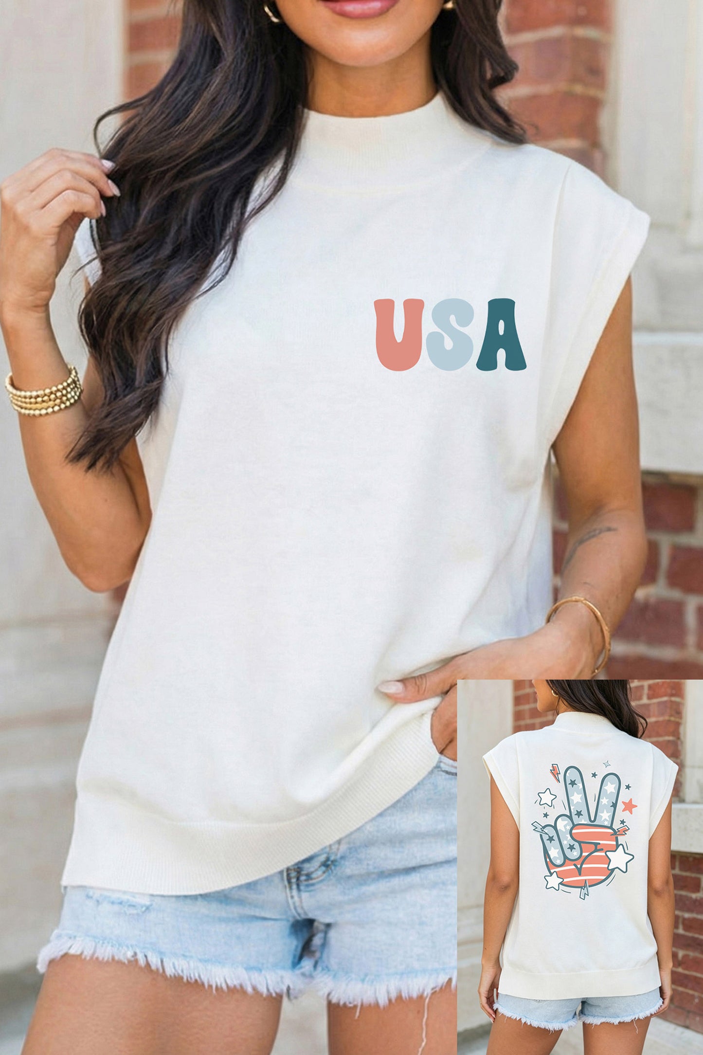 White USA/ Patriotic Victory Double Side Printed Mock Neck Tee-Graphic/Graphic Tees-[Adult]-[Female]-White-S-2022 Online Blue Zone Planet