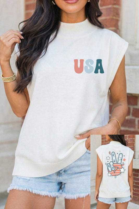 White USA/ Patriotic Victory Double Side Printed Mock Neck Tee-Graphic/Graphic Tees-[Adult]-[Female]-White-S-2022 Online Blue Zone Planet