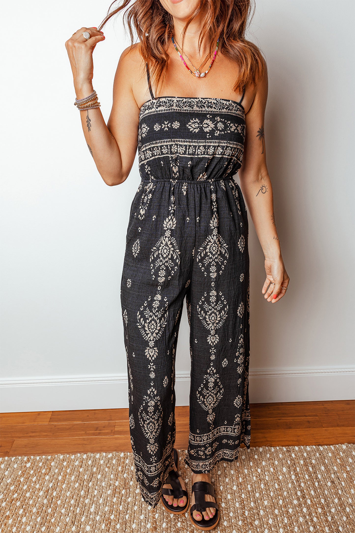 Black Spaghetti Straps Elastic Waist Loose Ethnic Print Jumpsuit-Bottoms/Jumpsuits & Rompers-[Adult]-[Female]-2022 Online Blue Zone Planet