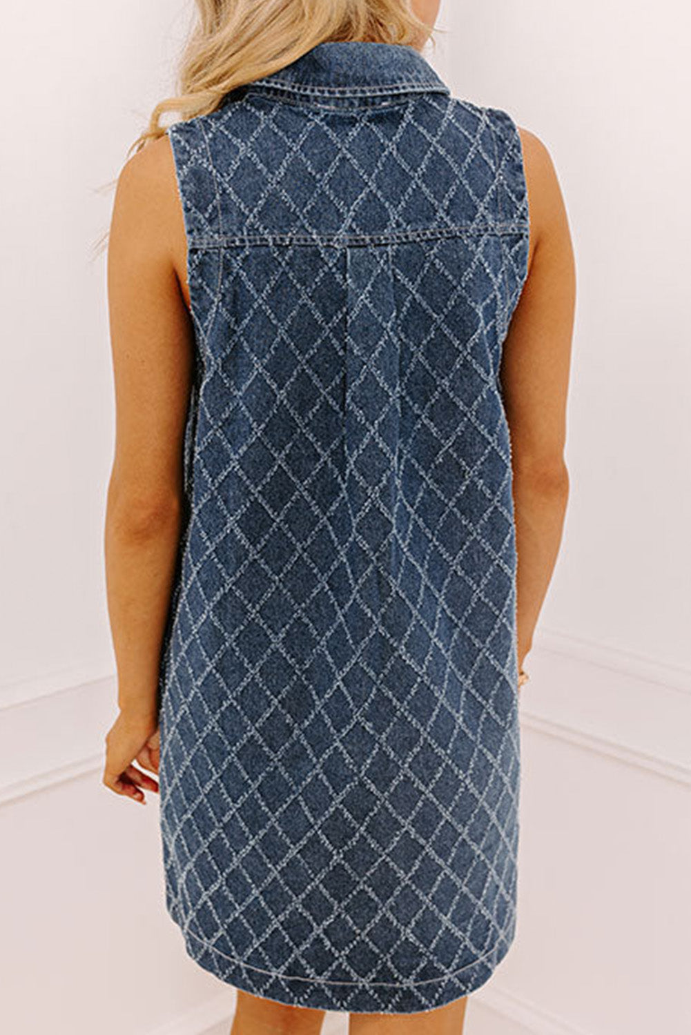 Sail Blue Rhombus Textured Collar Buttoned V Neck Denim Sleeveless Mini Dress-TOPS / DRESSES-[Adult]-[Female]-2022 Online Blue Zone Planet