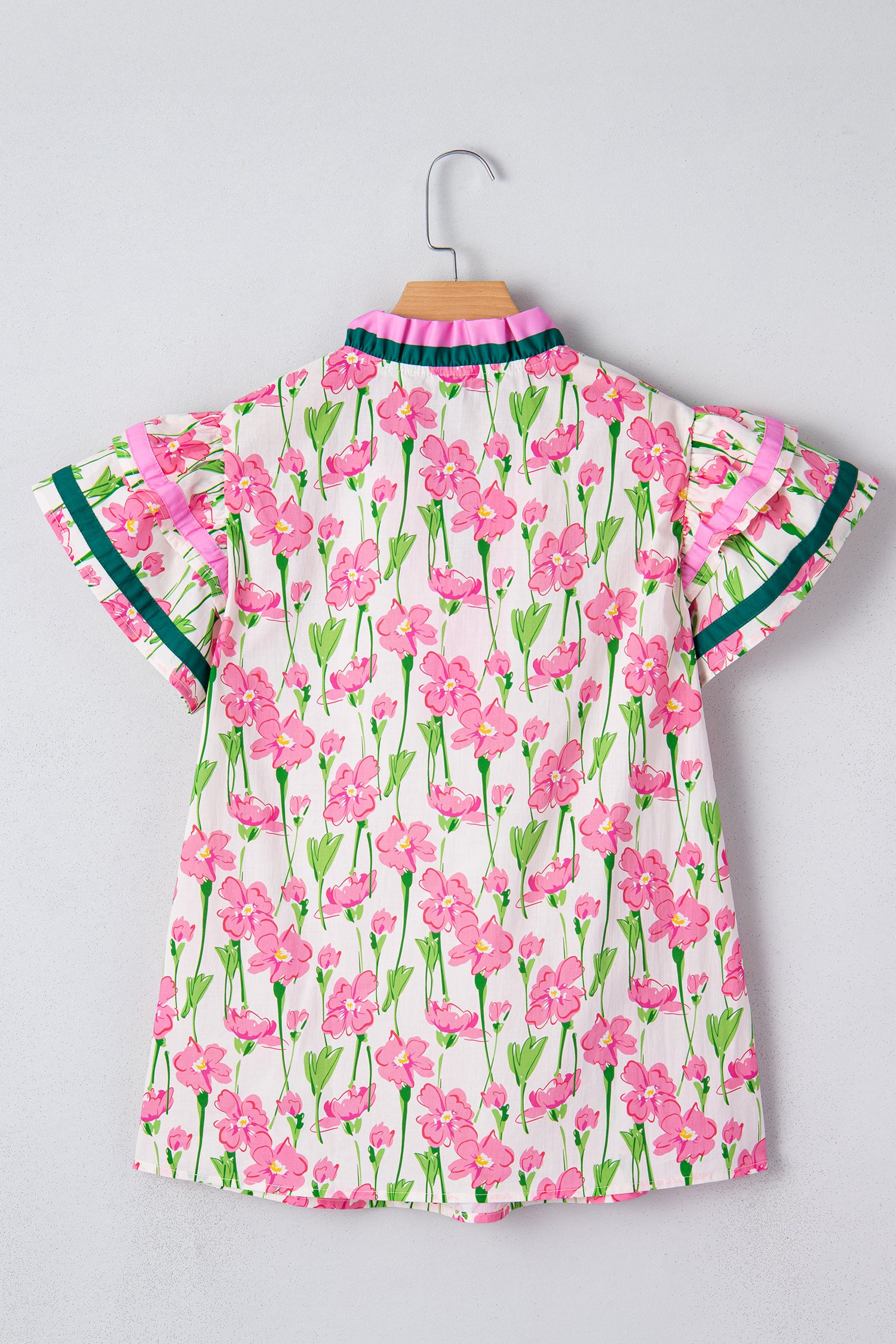 Pink Floral Print Contrast Trim V Neck Double Ruffled Short Sleeve Blouse-Tops/Blouses & Shirts-[Adult]-[Female]-2022 Online Blue Zone Planet