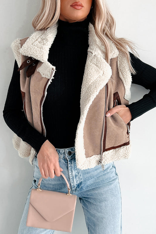 Dark Khaki Sherpa Lined Faux Suede Lapel Collar Vest-Outerwear/Vests-[Adult]-[Female]-Dark Khaki-S-2022 Online Blue Zone Planet