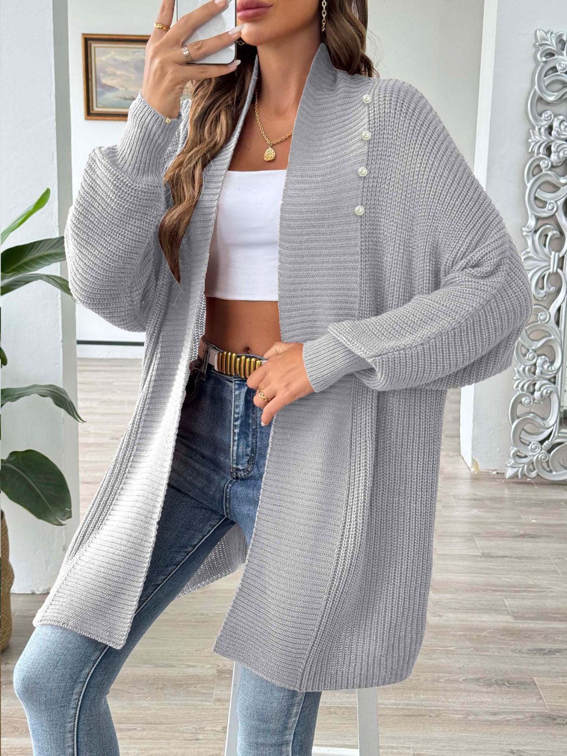 Open Front Long Sleeve Cardigan-TOPS / DRESSES-[Adult]-[Female]-Gray-One Size-2022 Online Blue Zone Planet