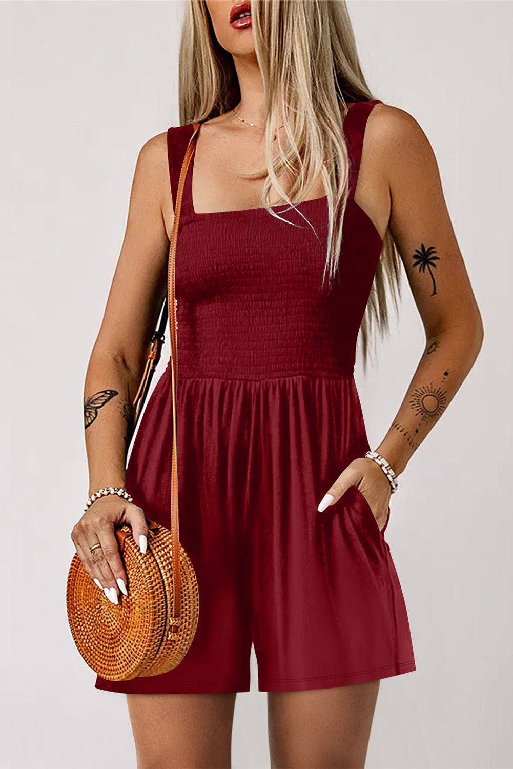Burgundy Casual Pocketed Smocked Sleeveless Romper-Bottoms/Jumpsuits & Rompers-[Adult]-[Female]-2022 Online Blue Zone Planet