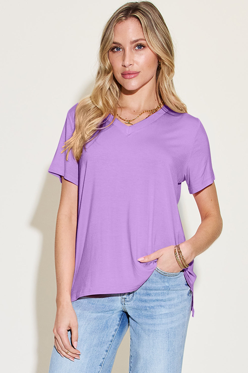 Basic Bae Bamboo Full Size V-Neck High-Low T-Shirt-TOPS / DRESSES-[Adult]-[Female]-Lavender-S-2022 Online Blue Zone Planet