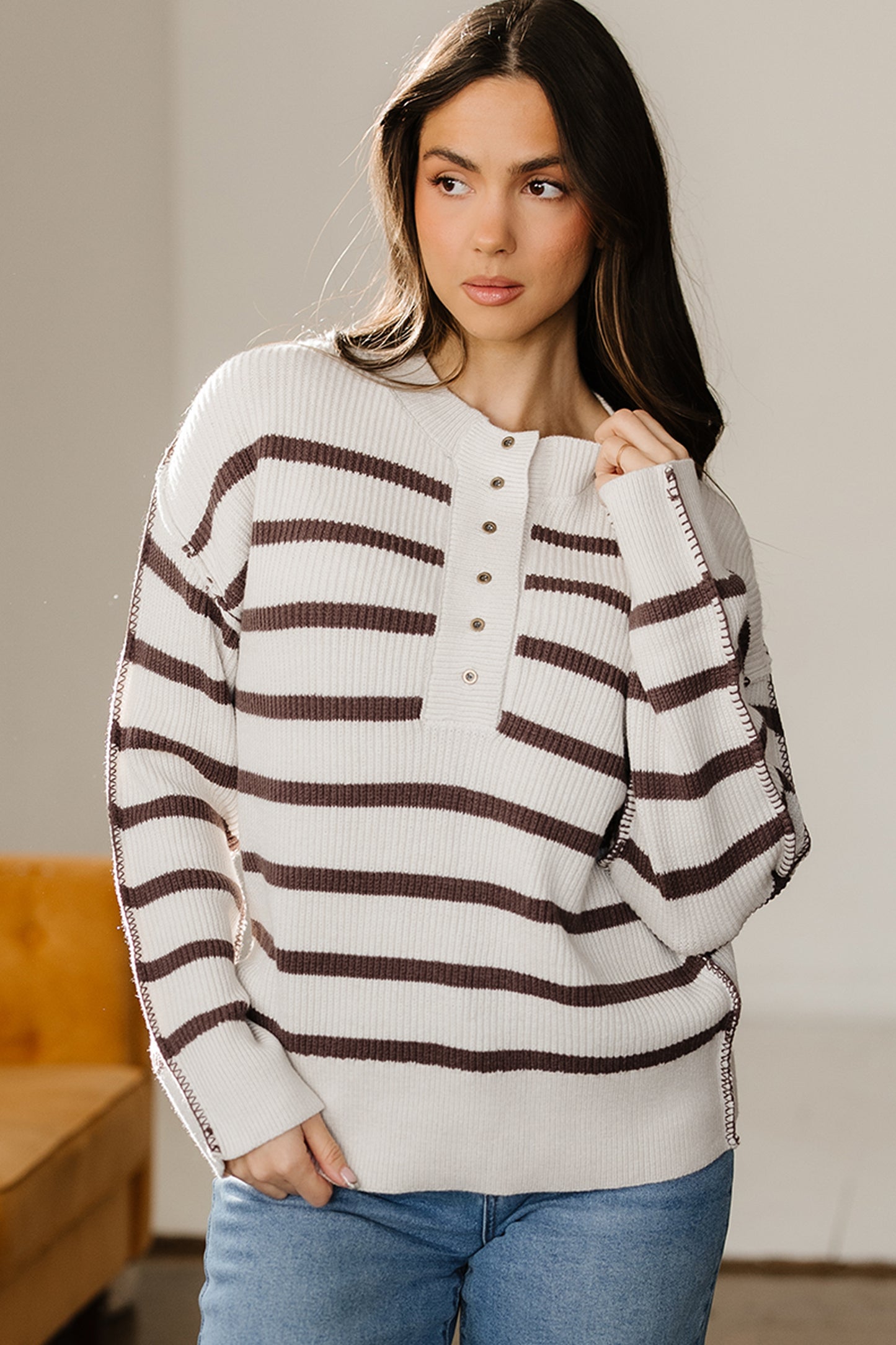 Brown Stripe Ribbed Henley Drop Shoulder Slouchy Sweater-TOPS / DRESSES-[Adult]-[Female]-2022 Online Blue Zone Planet