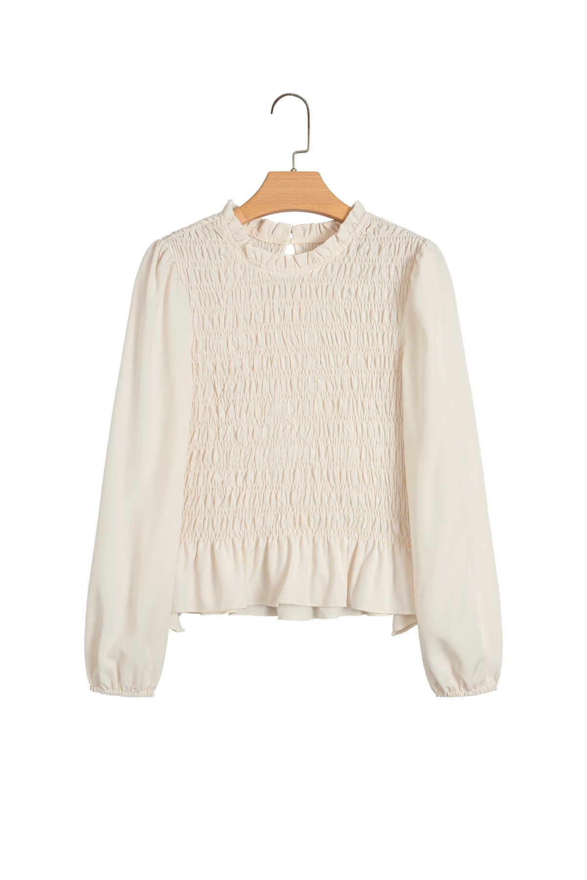 Jet Stream Solid Color Smocked Ruffle Hem Long Sleeve Blouse-Tops/Blouses & Shirts-[Adult]-[Female]-2022 Online Blue Zone Planet