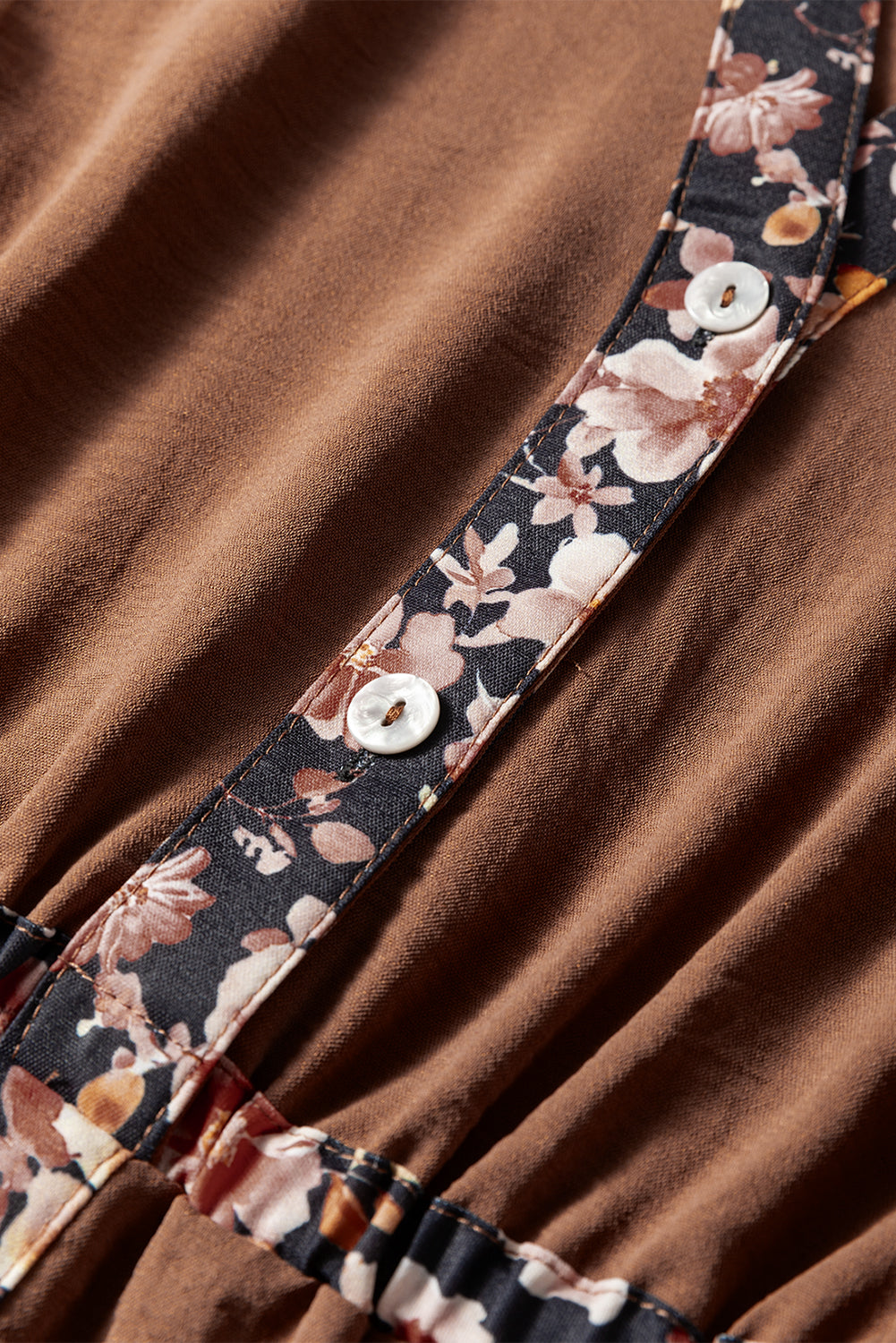 Chestnut Floral Patchwork Detail Notched Neck Long Sleeve Maxi Dress-TOPS / DRESSES-[Adult]-[Female]-2022 Online Blue Zone Planet