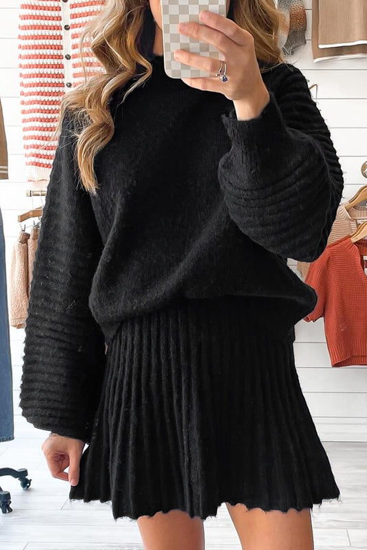 Black High Neck Puff Sleeve Sweater Pleated Mini Skirt 2pcs Knitted Outfit-Two Piece Sets/Two Piece Dresses-[Adult]-[Female]-Black-S-2022 Online Blue Zone Planet
