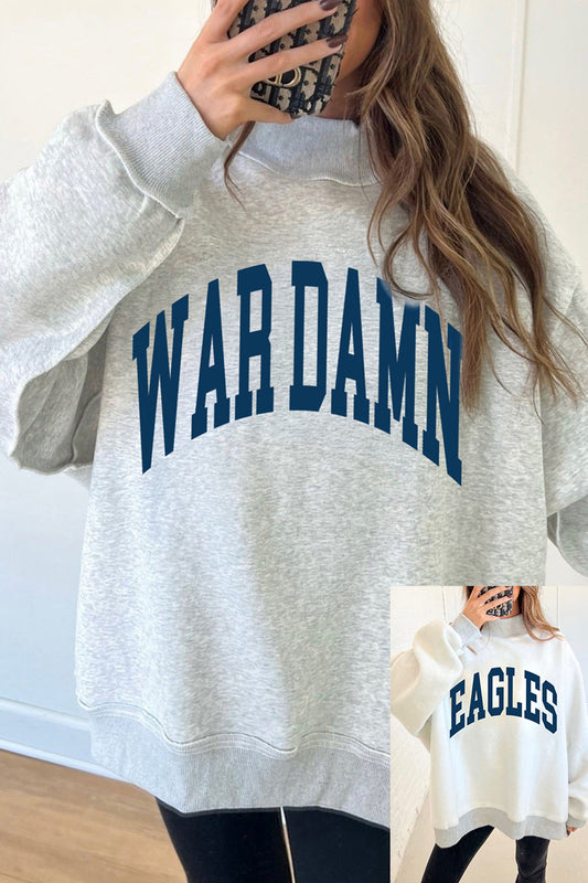 Light Grey WAR DAMN/ EAGLES Double Side Print High Neck Baggy Sweatshirt-Graphic/Graphic Sweatshirts-[Adult]-[Female]-Light Grey-S-2022 Online Blue Zone Planet