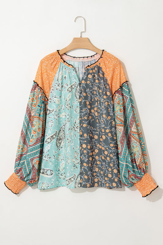Green Floral Patchwork Lantern Sleeve Buttoned V Neck Plus Size Blouse-Plus Size/Plus Size Tops/Plus Size Blouses & Shirts-[Adult]-[Female]-2022 Online Blue Zone Planet