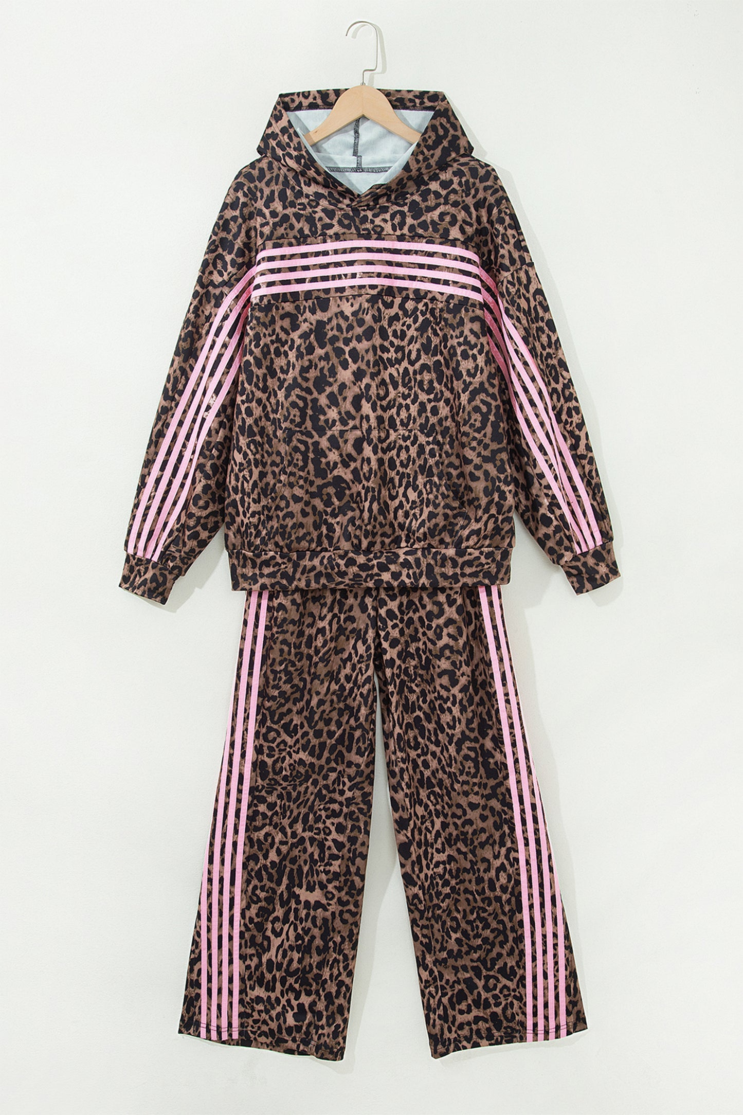 Brown Leopard Print Contrast Striped Detail Long Sleeve Top Pant Set-Two Piece Sets/Pant Sets-[Adult]-[Female]-2022 Online Blue Zone Planet