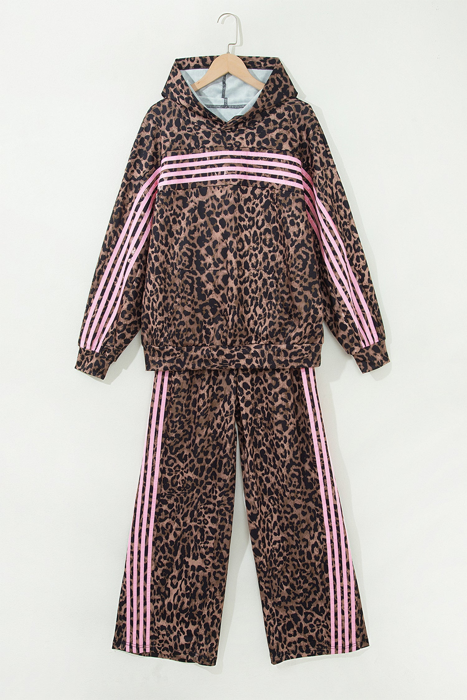 Brown Leopard Print Contrast Striped Detail Long Sleeve Top Pant Set-Two Piece Sets/Pant Sets-[Adult]-[Female]-2022 Online Blue Zone Planet