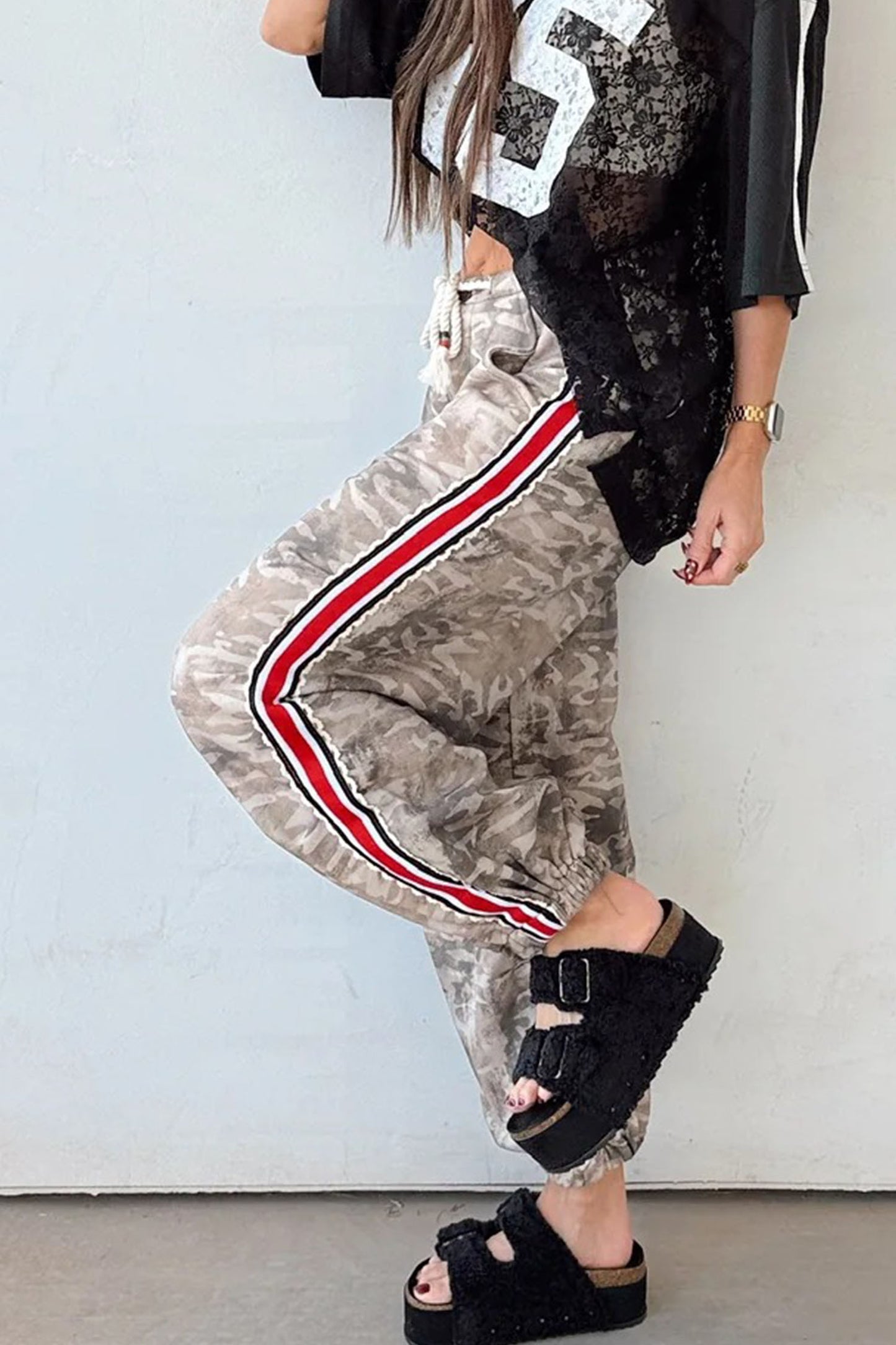 Khaki Camouflage Print Striped Side Panel Patchwork Drawstring Pants-Bottoms/Pants & Culotte-[Adult]-[Female]-2022 Online Blue Zone Planet