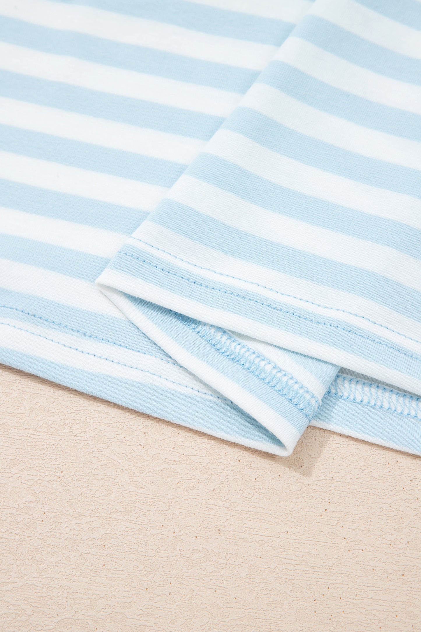 Sky Blue Stripe Contrast Neck Loose Tee and Drawstring Shorts Set-Two Piece Sets/Short Sets-[Adult]-[Female]-2022 Online Blue Zone Planet