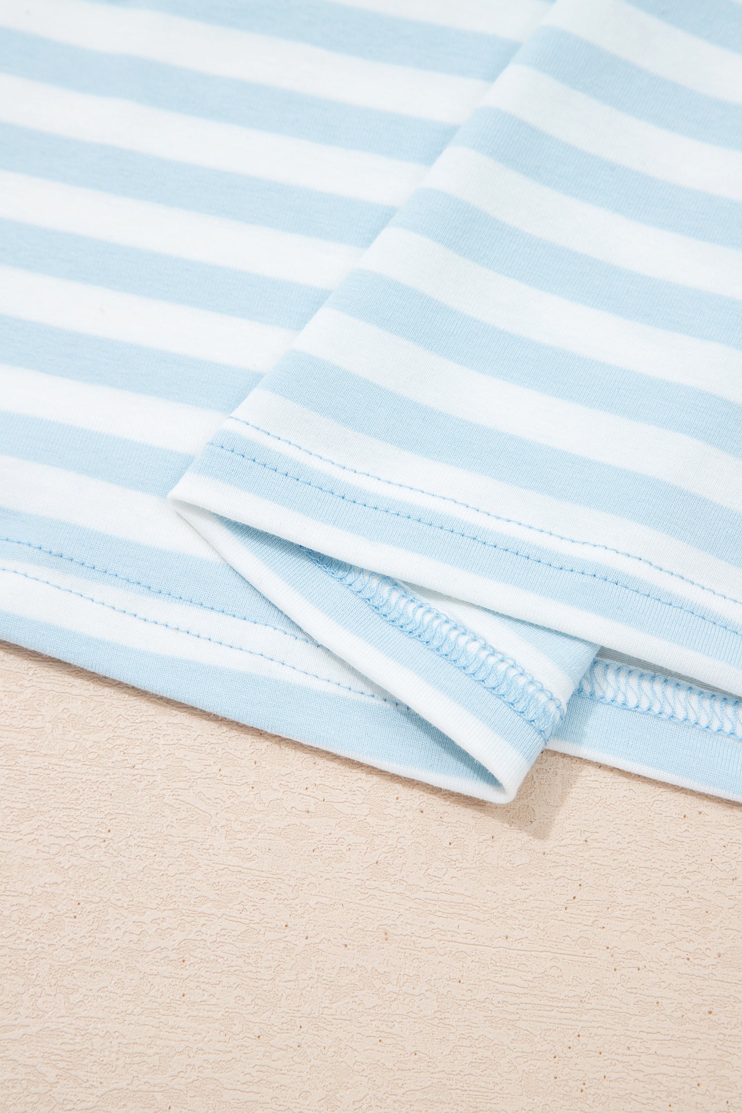 Sky Blue Stripe Contrast Neck Loose Tee and Drawstring Shorts Set-Two Piece Sets/Short Sets-[Adult]-[Female]-2022 Online Blue Zone Planet