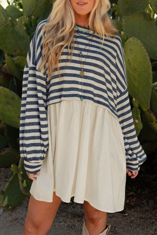 Blue Stripe Long Sleeve Pocketed Patchwork Hem Mini Dress-Dresses/Mini Dresses-[Adult]-[Female]-Blue Stripe-S-2022 Online Blue Zone Planet