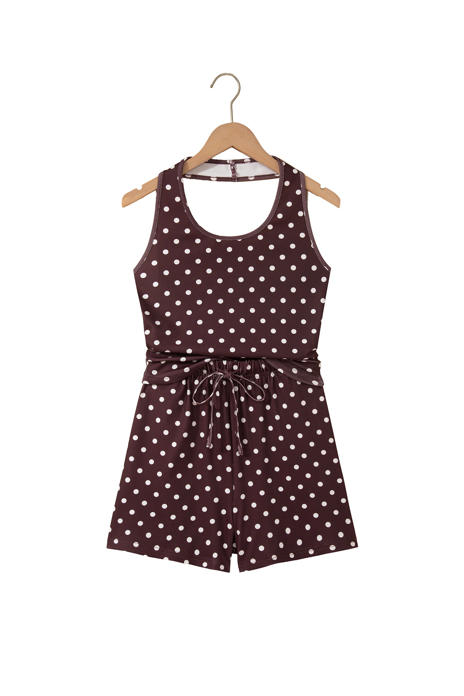 Brown Polka Dot Halter Tank Drawstring Elastic Waist Short Set-Two Piece Sets/Short Sets-[Adult]-[Female]-2022 Online Blue Zone Planet