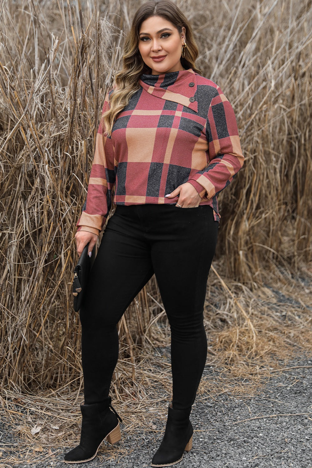 Plus Size Plaid Cowl Neck Long Sleeve Sweatshirt-TOPS / DRESSES-[Adult]-[Female]-2022 Online Blue Zone Planet