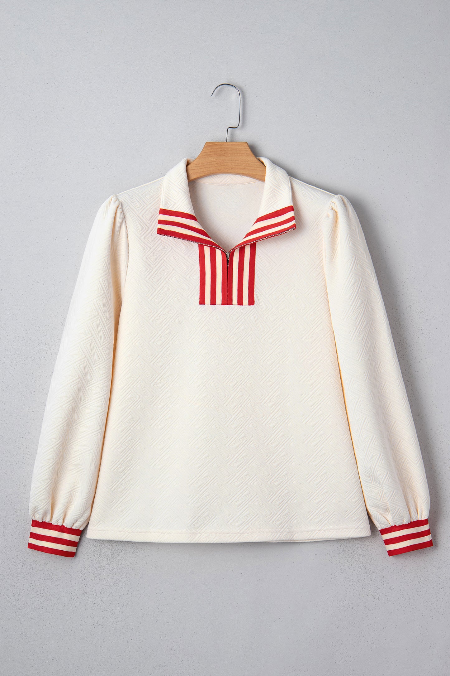White Textured Knit Contrast Striped Accent Zipped Collar Pullover Top-Tops/Long Sleeve Tops-[Adult]-[Female]-2022 Online Blue Zone Planet