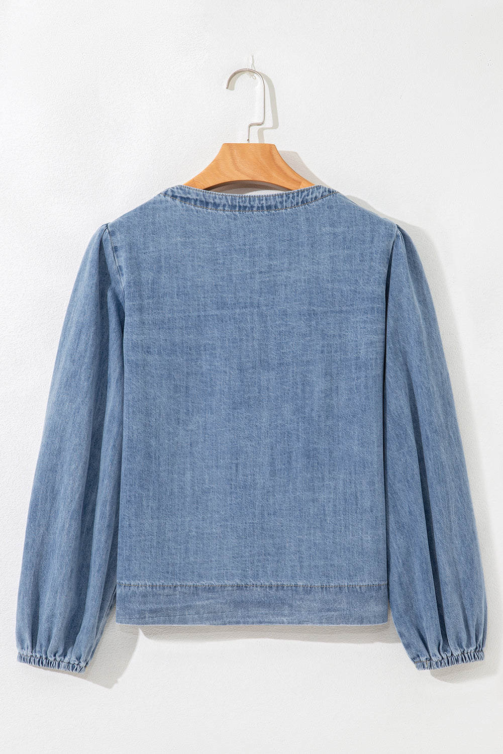 Dusk Blue Tied Front Long Puff Sleeve Denim Top-Tops/Blouses & Shirts-[Adult]-[Female]-2022 Online Blue Zone Planet
