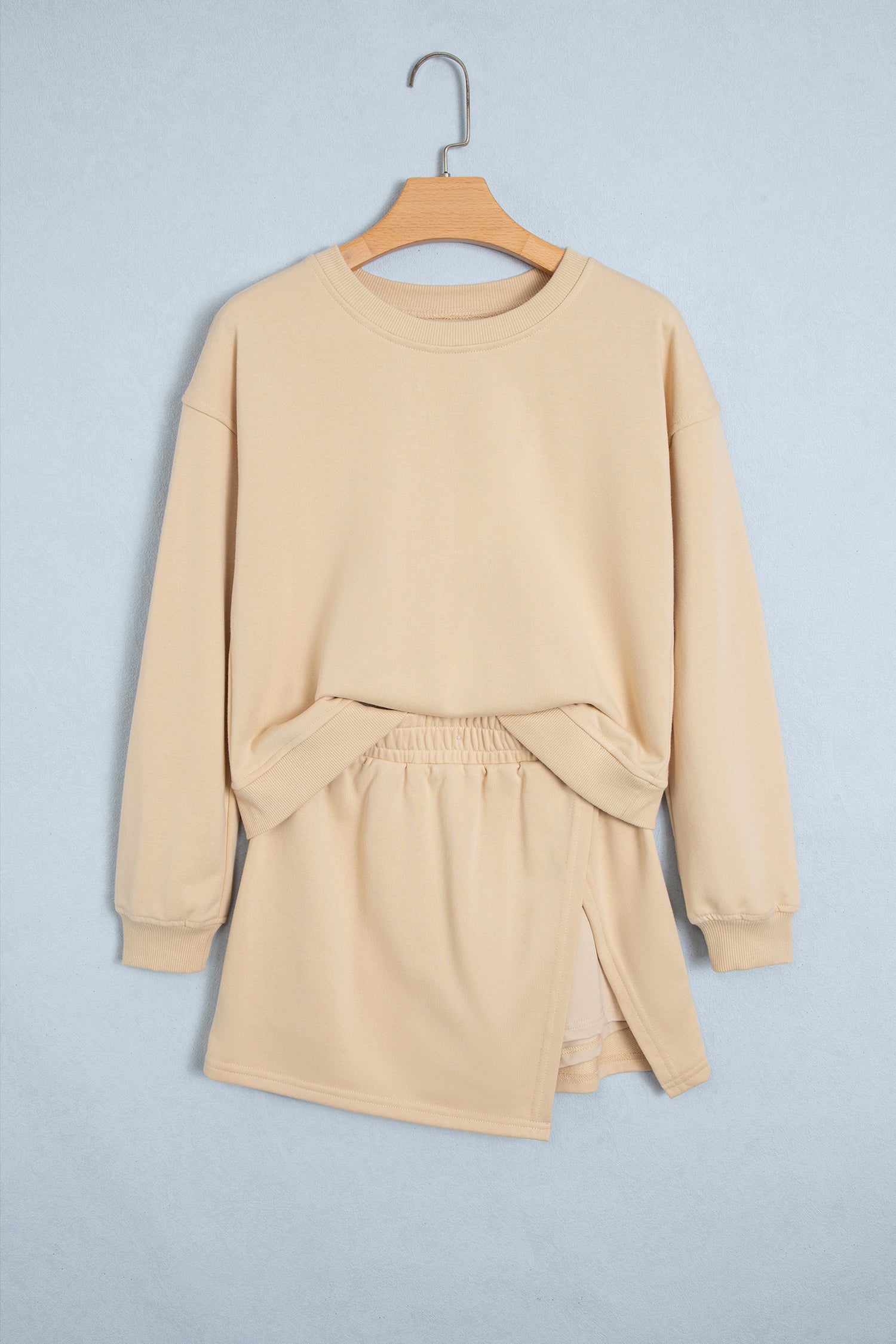 Parchment Solid Color Long Sleeve Top Split Skort 2pcs Outfit-Two Piece Sets/Two Piece Dresses-[Adult]-[Female]-2022 Online Blue Zone Planet