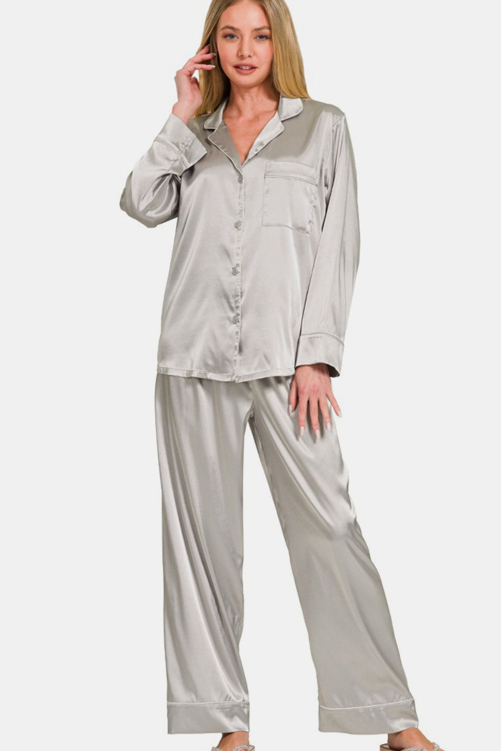 Zenana Satin Long Sleeve Shirt and Pants Pajama Set-TOPS / DRESSES-[Adult]-[Female]-2022 Online Blue Zone Planet