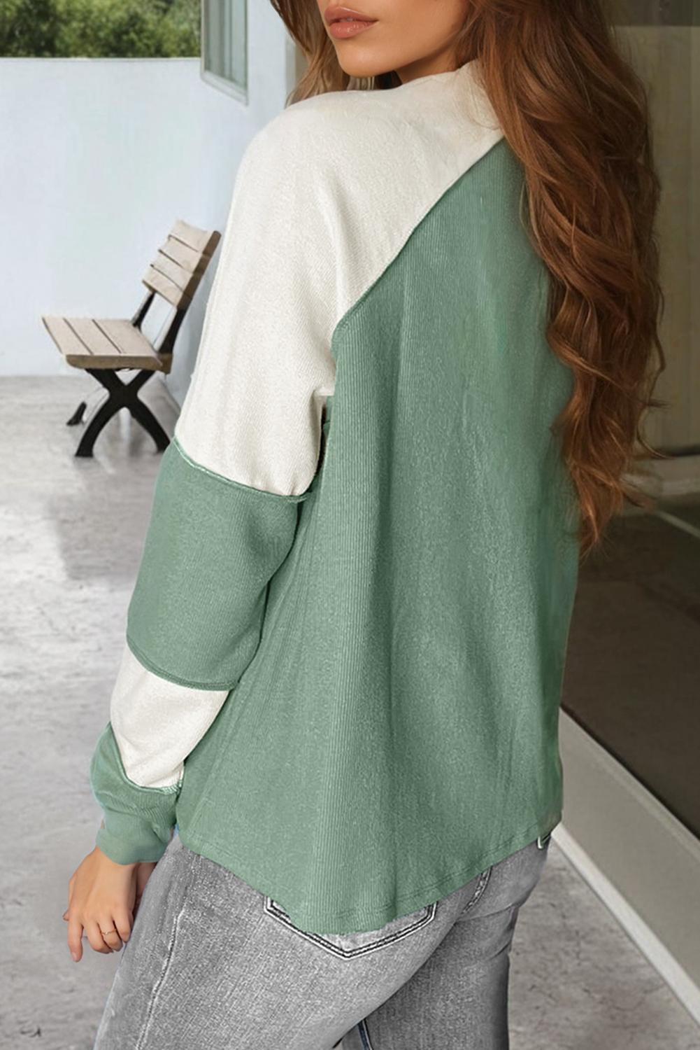 Mint Green Ribbed Colorblock Patchwork Raglan Long Sleeve Top-Tops/Long Sleeve Tops-[Adult]-[Female]-2022 Online Blue Zone Planet