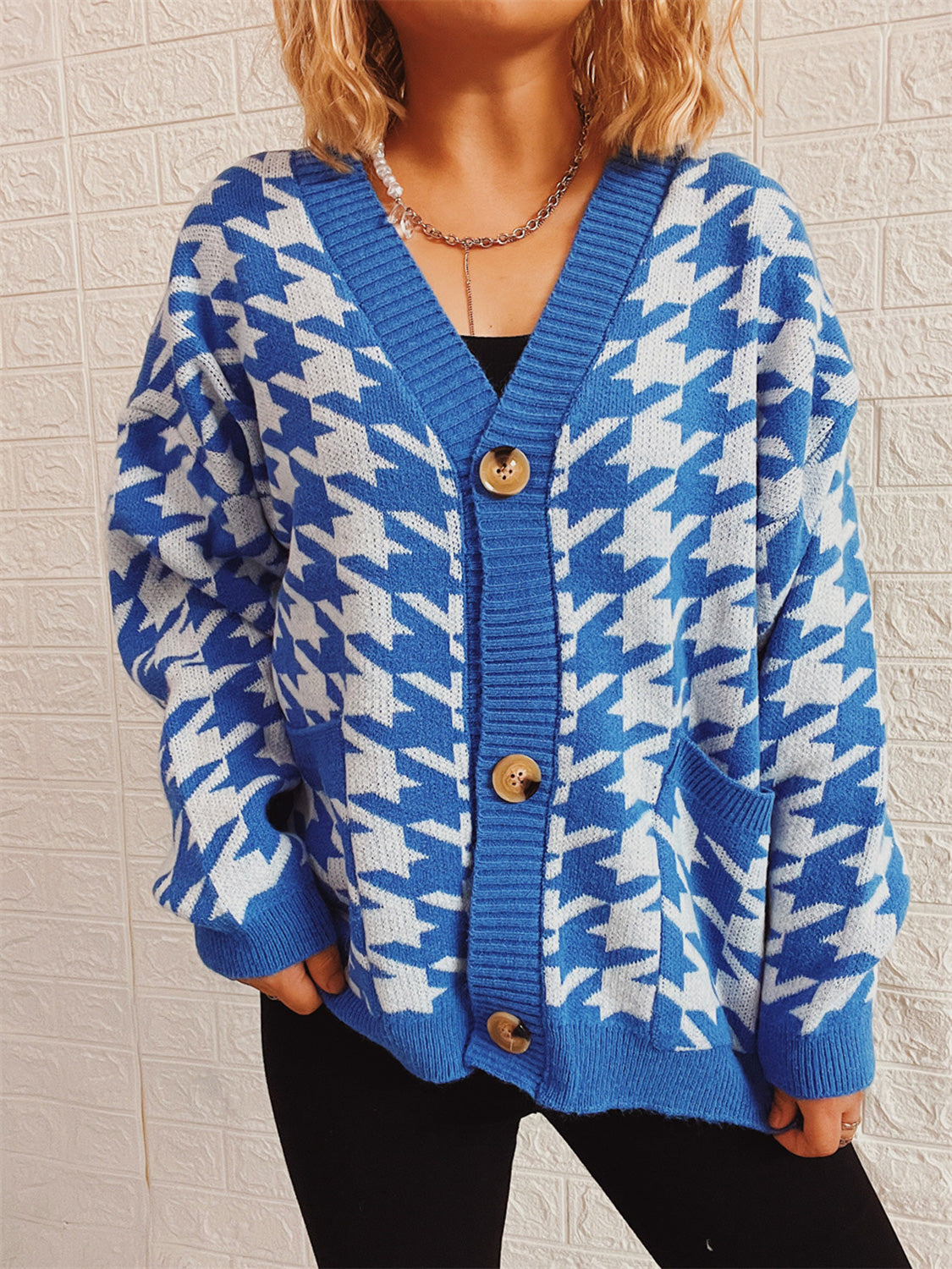 Houndstooth Botton Front Cardigan with Pockets-TOPS / DRESSES-[Adult]-[Female]-Sky Blue-S-2022 Online Blue Zone Planet