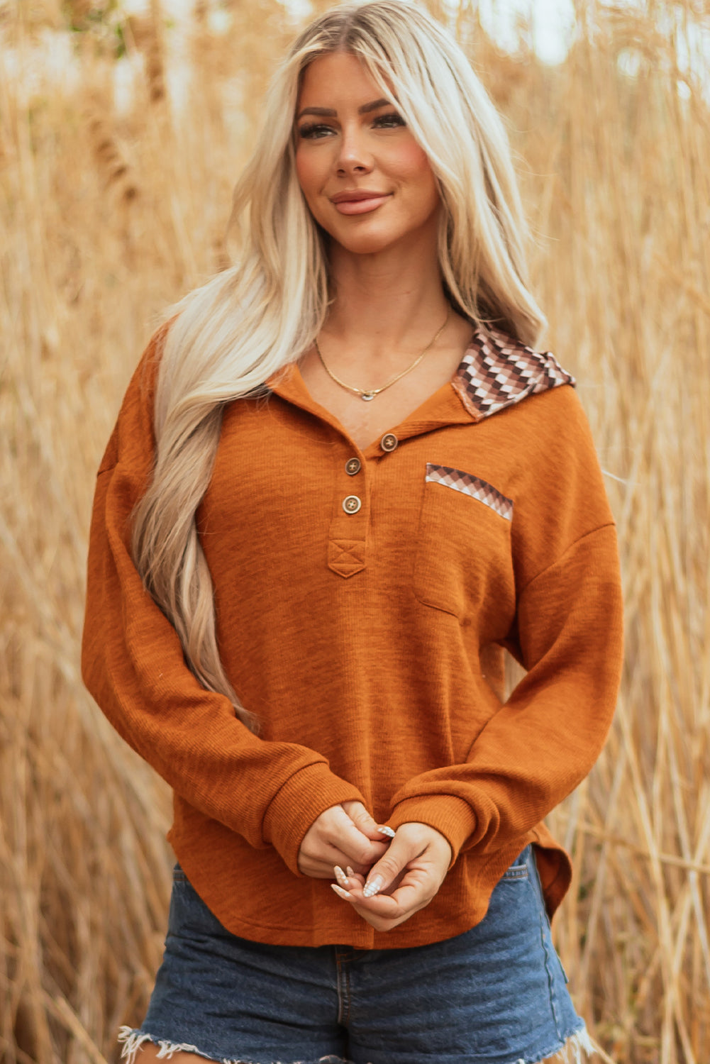 Straw Yellow Contrast Plaid Hood Patchwork Chest Pocket Henley Top-Tops / Dresses-[Adult]-[Female]-2022 Online Blue Zone Planet