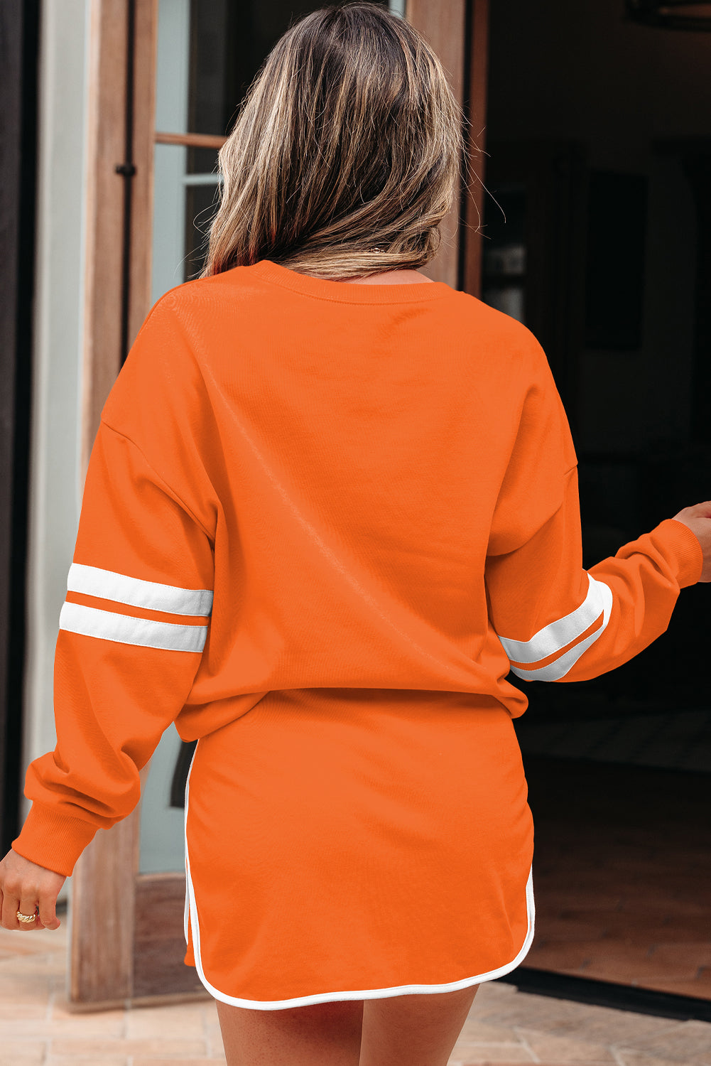 Orange Varsity Stripe Detail Drop Shoulder Pullover Mini Skirt Set-Two Piece Sets/Two Piece Dresses-[Adult]-[Female]-2022 Online Blue Zone Planet