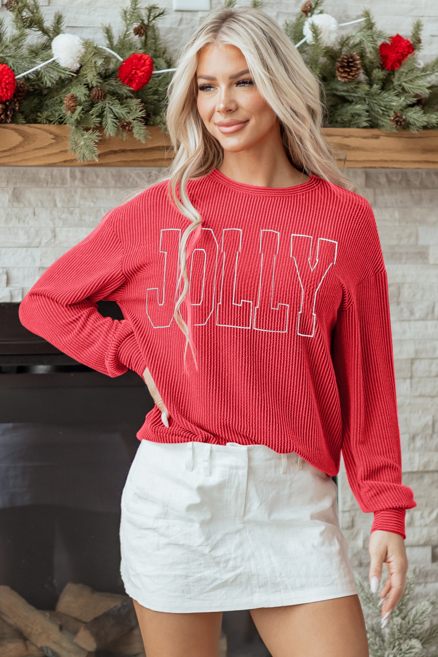 Racing Red Twisted Rib Outlined Merry Letter Graphic Loose Long Sleeve Top-Tops/Long Sleeve Tops-[Adult]-[Female]-Racing Red-S-2022 Online Blue Zone Planet