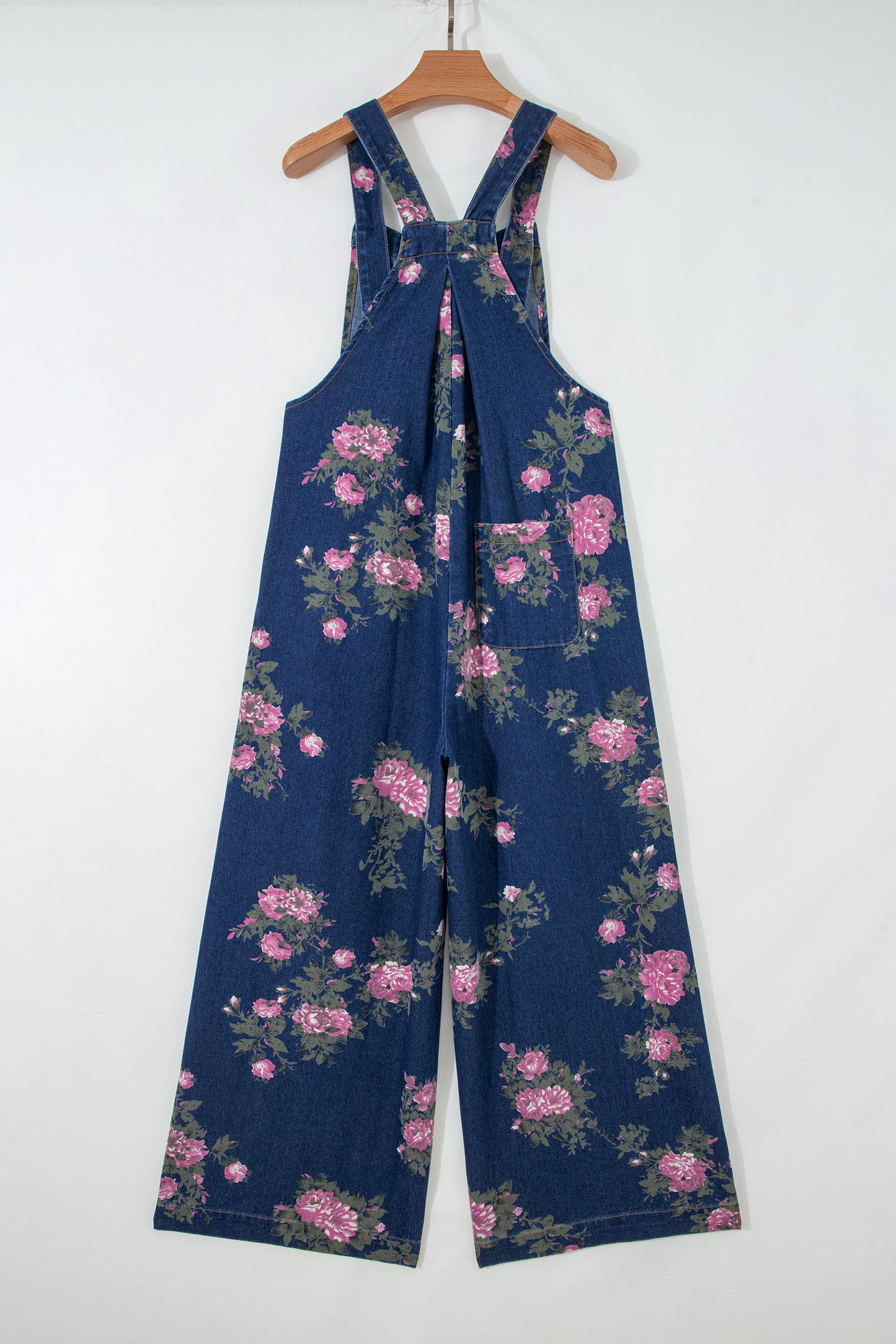 Blue Beau Floral Print Pleated High Waist Wide Leg Denim Jumpsuit-Bottoms/Jumpsuits & Rompers-[Adult]-[Female]-2022 Online Blue Zone Planet