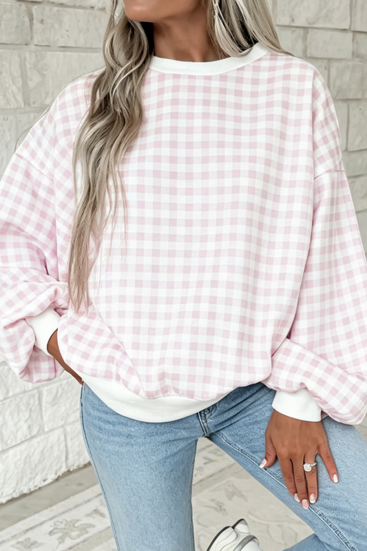 Pink Plaid Round Neck Long Sleeve Sweatshirt-Tops/Sweatshirts & Hoodies-[Adult]-[Female]-Pink-S-2022 Online Blue Zone Planet