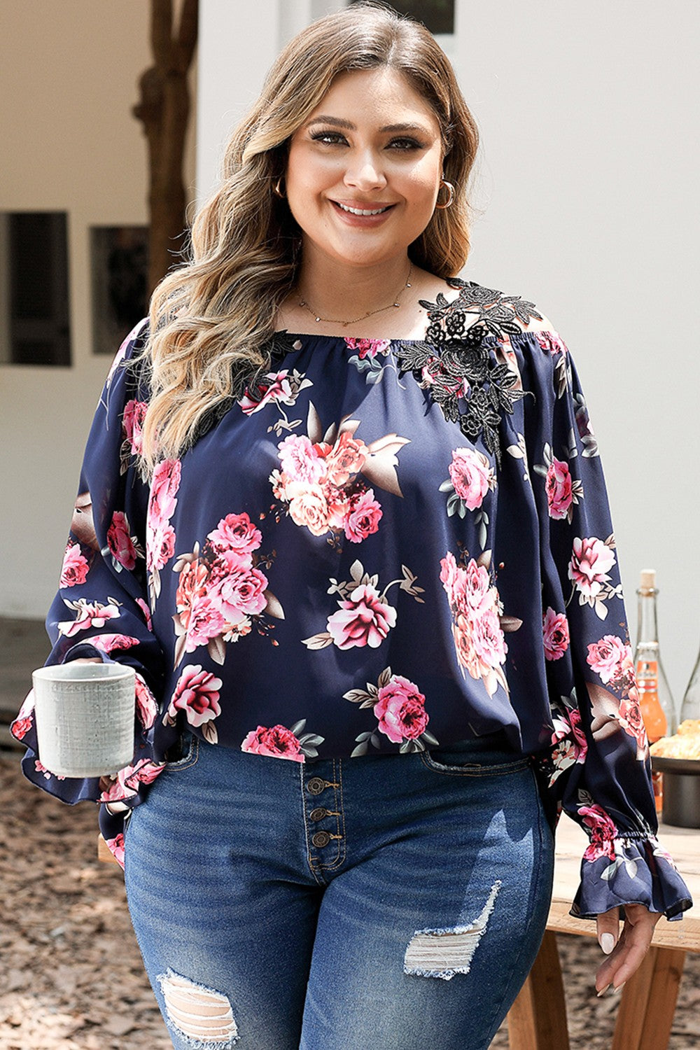 Plus Size Floral Flounce Sleeve Blouse-TOPS / DRESSES-[Adult]-[Female]-2022 Online Blue Zone Planet