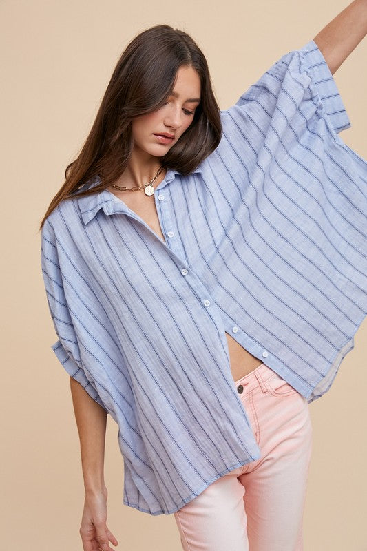 Annie Wear Striped Button Up Half Sleeve Shirt-TOPS / DRESSES-[Adult]-[Female]-Lt Blue-S-2022 Online Blue Zone Planet