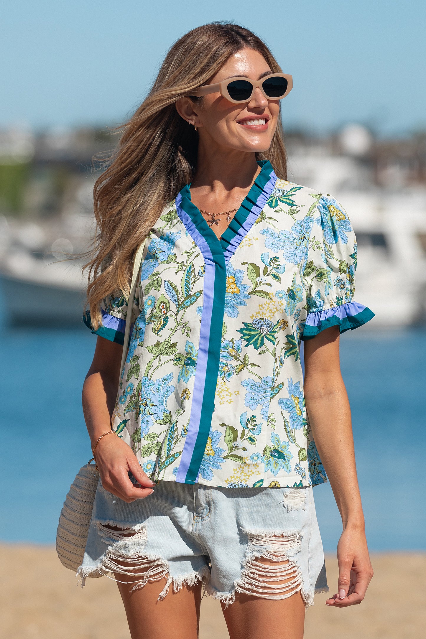 Beige Floral Print Contrasted Frilled Striped Trim Short Sleeve Blouse-Tops/Blouses & Shirts-[Adult]-[Female]-2022 Online Blue Zone Planet