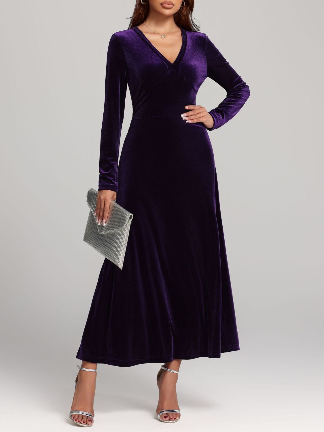 Blue Zone Planet | V-Neck Long Sleeve Velvet Dress-TOPS / DRESSES-[Adult]-[Female]-Violet-S-2022 Online Blue Zone Planet