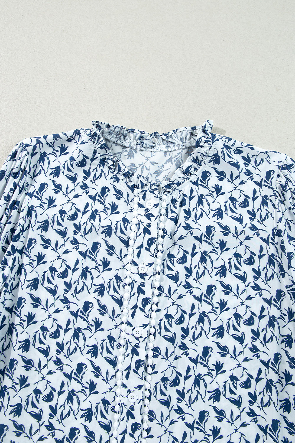 Blue Printed Lace Detail Floral Puff Sleeve Fall Shirt-Tops/Blouses & Shirts-[Adult]-[Female]-2022 Online Blue Zone Planet