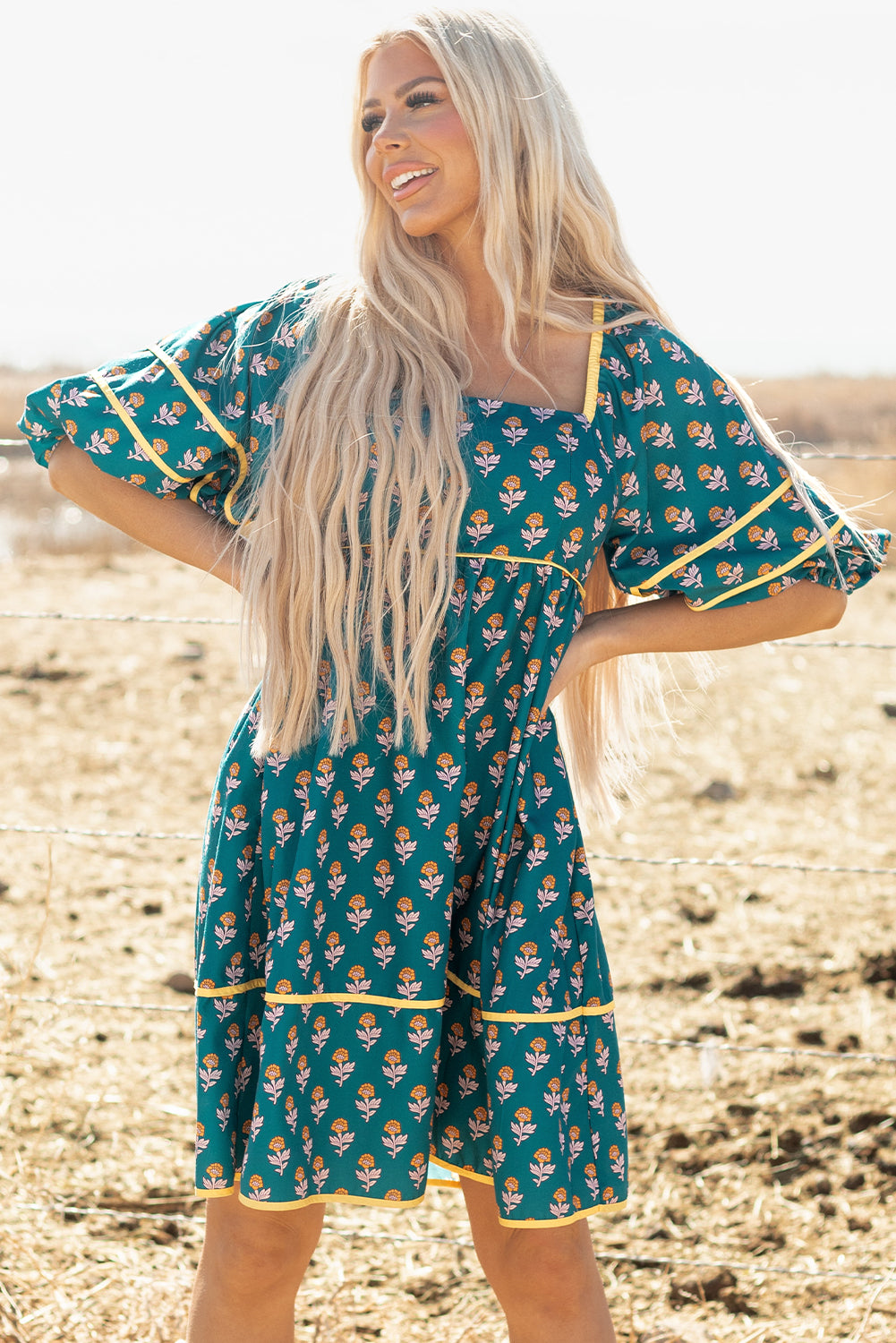 Skobeloff Floral Contrast Trim Square Neck Puff Sleeve Dress-TOPS / DRESSES-[Adult]-[Female]-2022 Online Blue Zone Planet