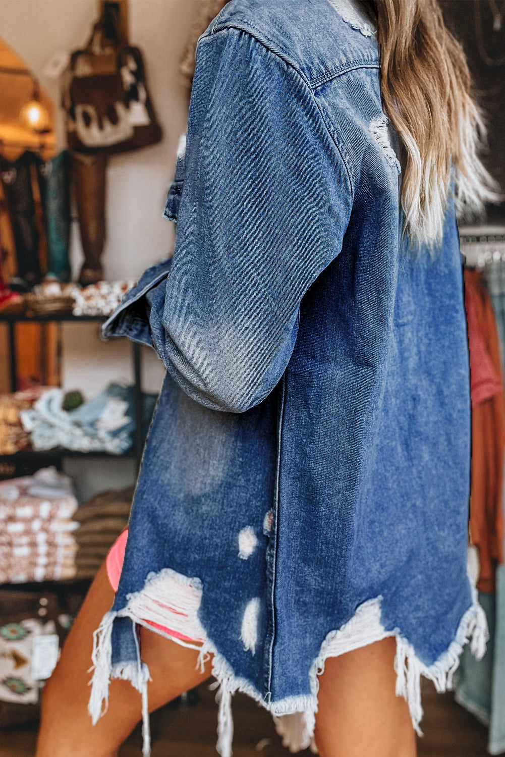 Blue Zone Planet | Sky Blue Light Wash Distressed Frayed Long Denim Jacket-Outerwear/Denim jackets-[Adult]-[Female]-2022 Online Blue Zone Planet