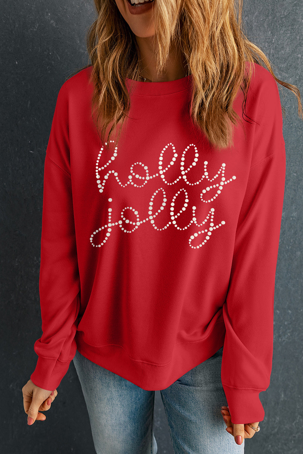 Red Christmas holly jolly Ceramic Rhinestone Letter Graphic Sweatshirt-Graphic/Graphic Sweatshirts-[Adult]-[Female]-2022 Online Blue Zone Planet