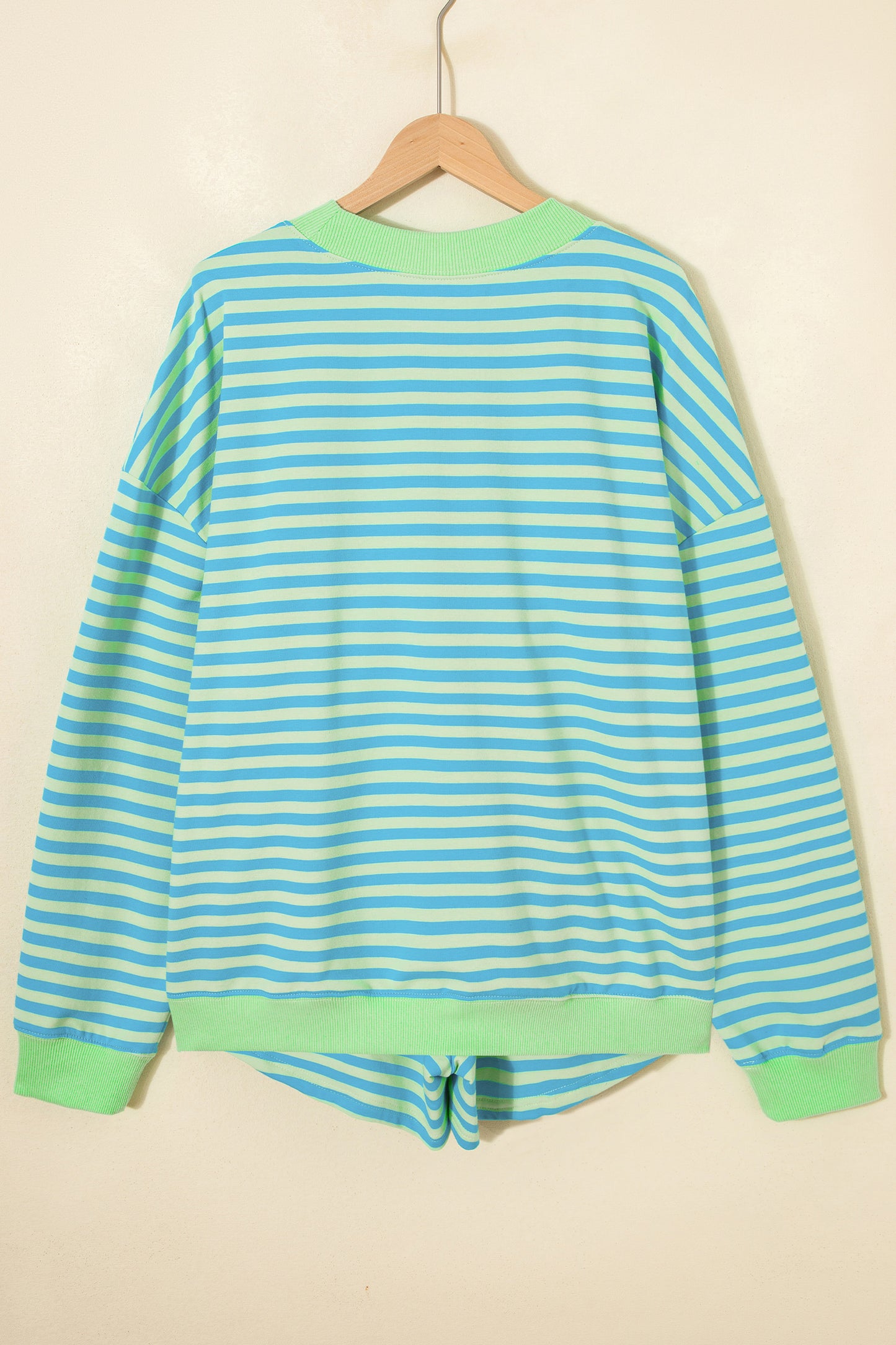 Pink Stripe Color Block Detail Long Sleeve Pullover Elastic Waist Pull On Shorts 2pcs Set-Two Piece Sets/Short Sets-[Adult]-[Female]-2022 Online Blue Zone Planet