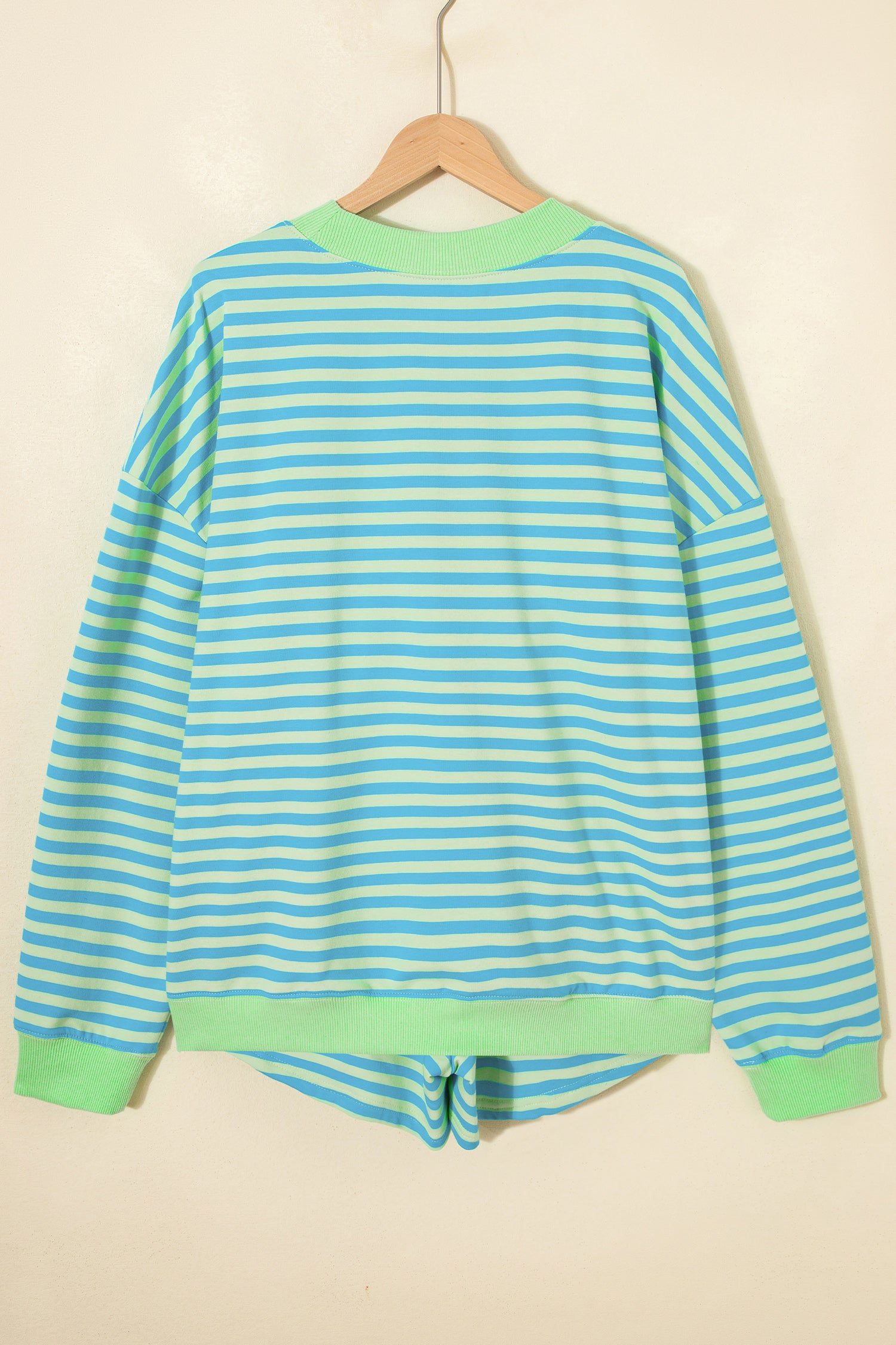 Pink Stripe Color Block Detail Long Sleeve Pullover Elastic Waist Pull On Shorts 2pcs Set-Two Piece Sets/Short Sets-[Adult]-[Female]-2022 Online Blue Zone Planet