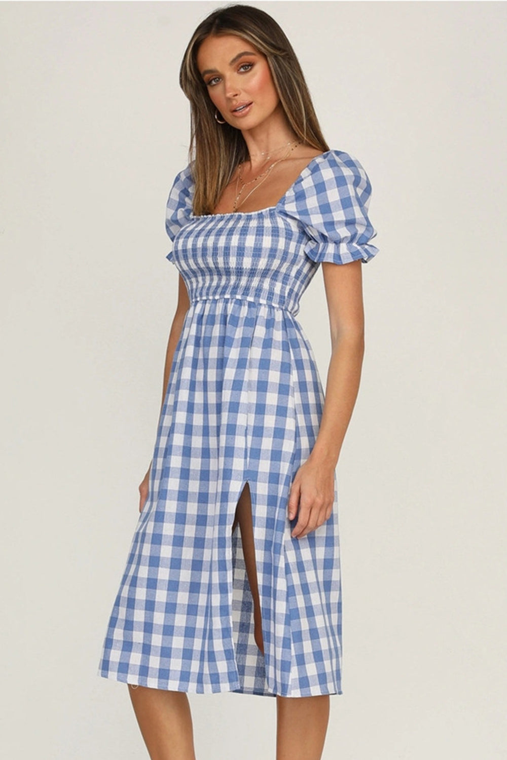 Full Size Slit Plaid Short Sleeve Midi Dress-TOPS / DRESSES-[Adult]-[Female]-2022 Online Blue Zone Planet