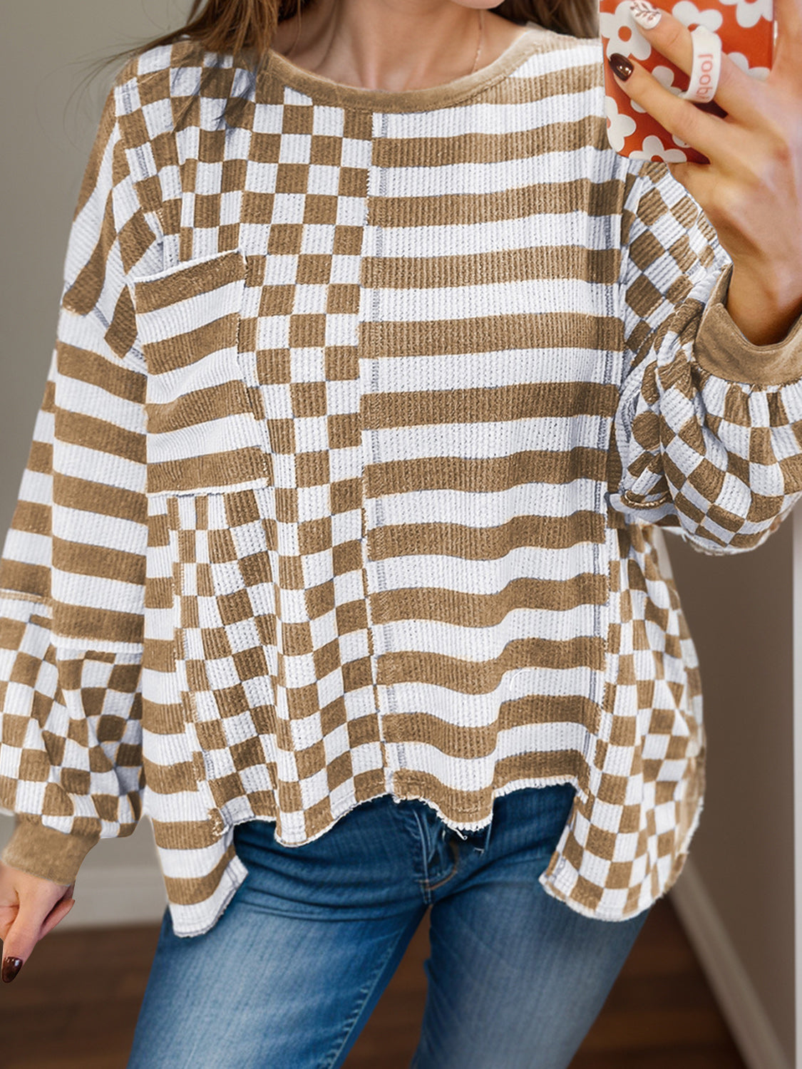 Checker & Stripes Round Neck Long Sleeve Blouse-TOPS / DRESSES-[Adult]-[Female]-Camel-S-2022 Online Blue Zone Planet