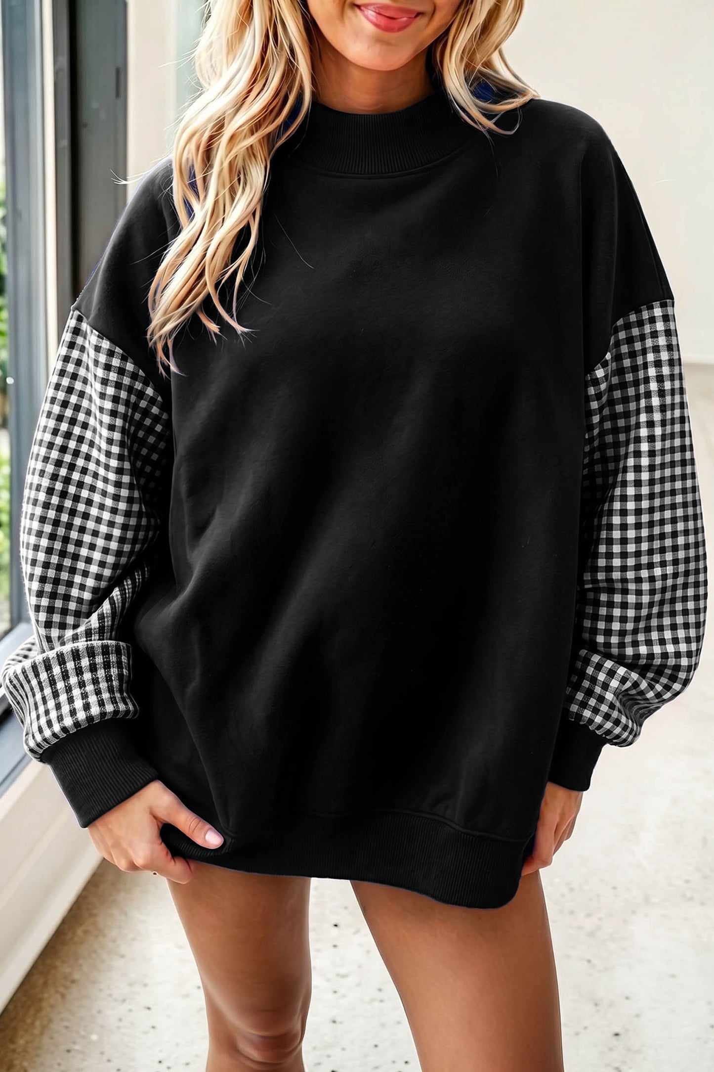 Coffee Plaid Sleeve Colorblock Loose Tunic Sweatshirt